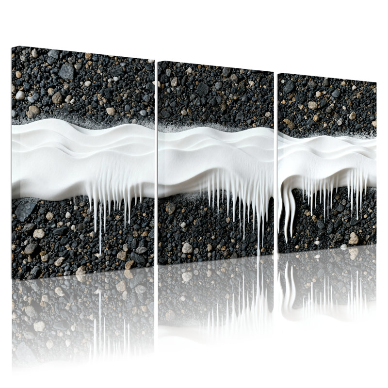 Abstrait vague blanche sur fond de gravier noir, ensemble de 3 impressions sur toile, H 18 po x l 36 po