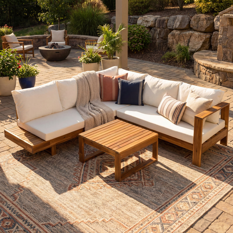 4-piece Acacia Wood Outdoor Sectional Sofa Set With Water-resistant Cushions And Coffee Table, Modern Splicing Design