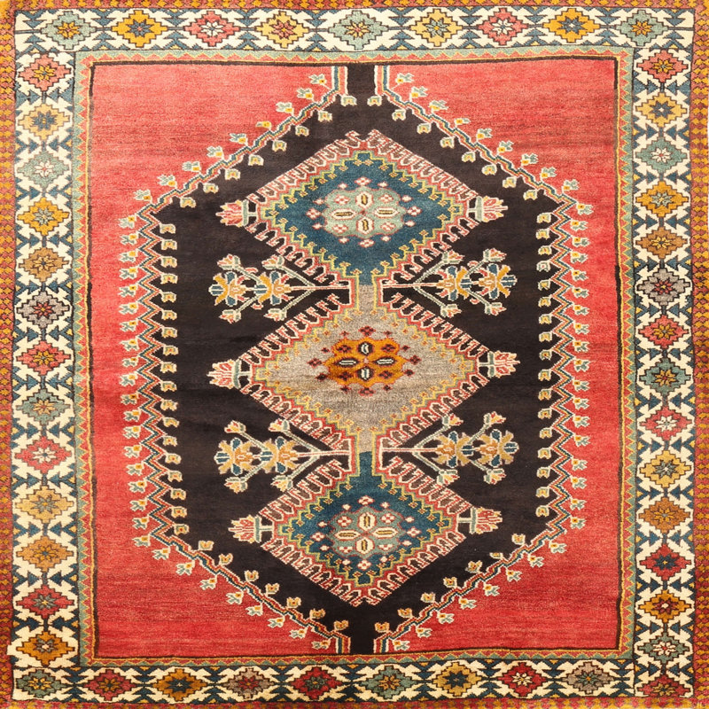 Tapis beige/rouge traditionnel Kegan, Carré 7 pi