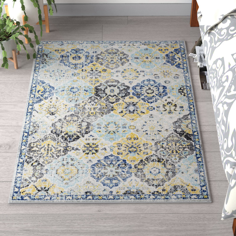Hillsby Machine Woven Oriental Blue/Yellow/Grey Area Rug, Rectangle 3'11" x 5'7"