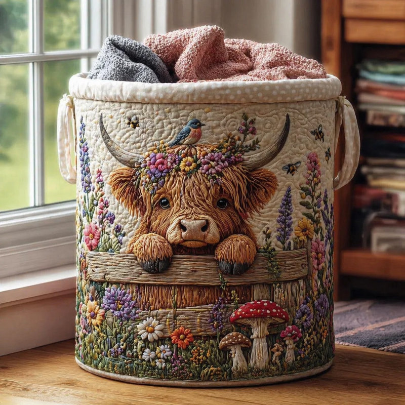 Cow Floral Printed Fabric Storage Basket Quilted Embroidery-Style Organizer With Handles, M