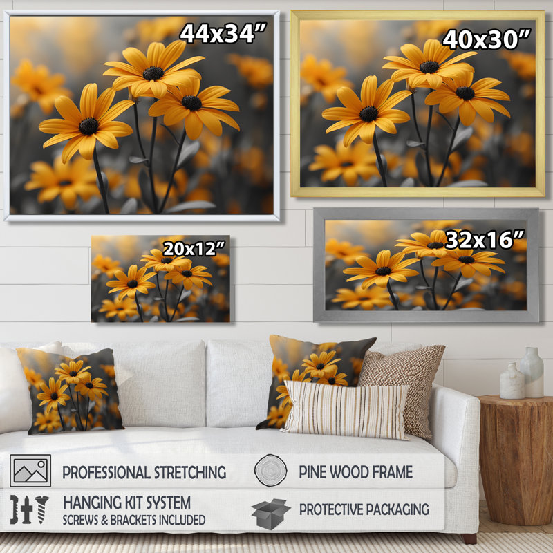 Monochromes jaunes et noirs, fleurs de la forêt I - marguerites, art mural, Cadre flottant doré, H 16 po x l 32 po