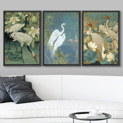 Green Pool Cranes Wading in Water Lotus Floral Bird Animal Art Modern Wall Decor