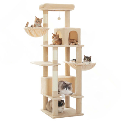 Arbre à chat de 66 po pour chats d'intérieur grand adulte, tour de chat avec poteau à griffes recouvert de sisal, très grand hamac en métal [20 po x 12 po] et 2 grands condos