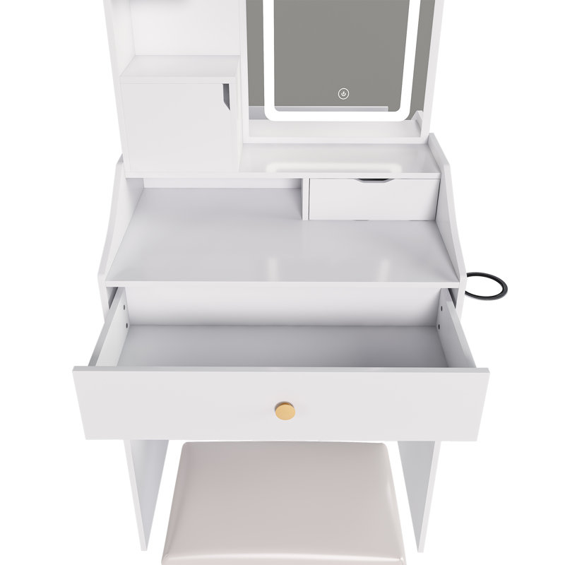 Vanity Desk With Mirror And Stool, Dressing Table With 2 Drawers & 5 Storage Cabinets (4 Open + 1 Hidden), 3-color Led, Adjustable Lighting, For Bedroom, Easy Assembly, White