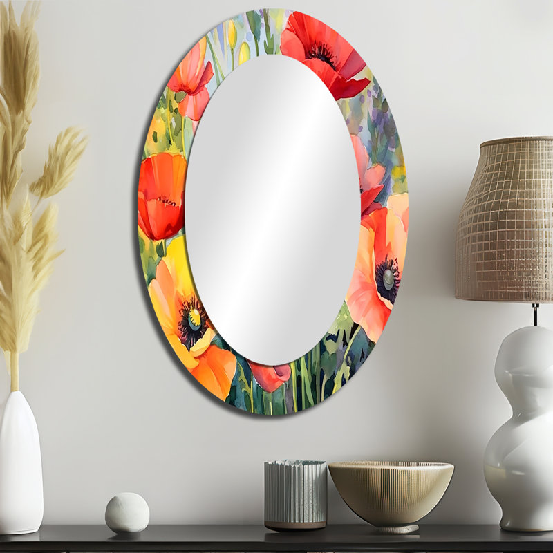 Vibrant Poppies I - Grand miroir mural ovale sur métal, 36 po x 24 po