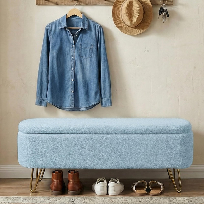 Modern Comfy Upholstered Bedroom Storage Bench, Blue