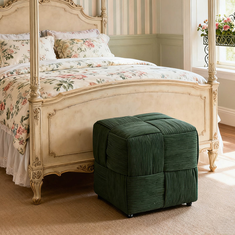 Ottoman Foot Rest Soft And Comfortable Ottoman Square Corduroy Woven Design Sofa Stool (Green), Green