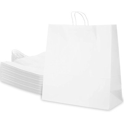 Grands sacs en papier kraft blanc avec poignées 18 x 7 x 19 po Ecoqualité - pour le magasinage, la vente au détail, le déjeuner, l'épicerie et les cadeaux (400)