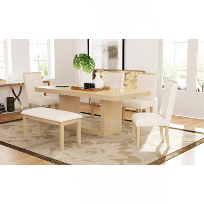 Contemporary 6-Piece 78Inch Extendable Pedestal Dining Table Set With 18Inch Removable Leaf And Dining Bench, 4 Upholstered Dining Chairs, Natural