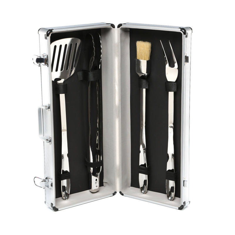Silver Stainless Steel 4-Piece Barbecue Tool Set with Case