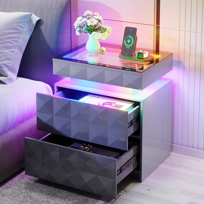 2-Drawer Nightstand with Adjustable RGB Light and Human Body Detection,Fashionable Mirror Visual Design Bedside Table with Charging Station