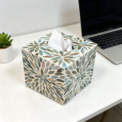 Couvercle de boîte à mouchoirs décorative en nacre avec motif floral bleu coquillage, porte-mouchoirs en coquille de Capiz fait à la main, boîte à serviettes carrée de 5,9 pouces avec glissière inférieure pour le comptoir de cuisine de la maison