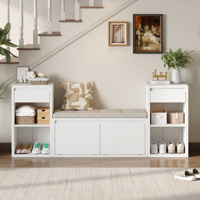 All-in-One Entryway Storage Bench with Cushion, Compartments, Drawers & Open Shelves, Storage Bench