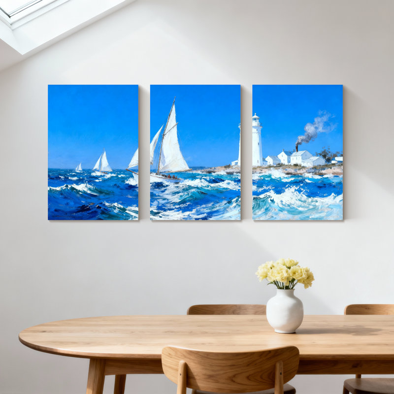 Nautique, voiliers, océan, vagues, phare, ensemble de 3 toiles murales, H 18 po x l 36 po