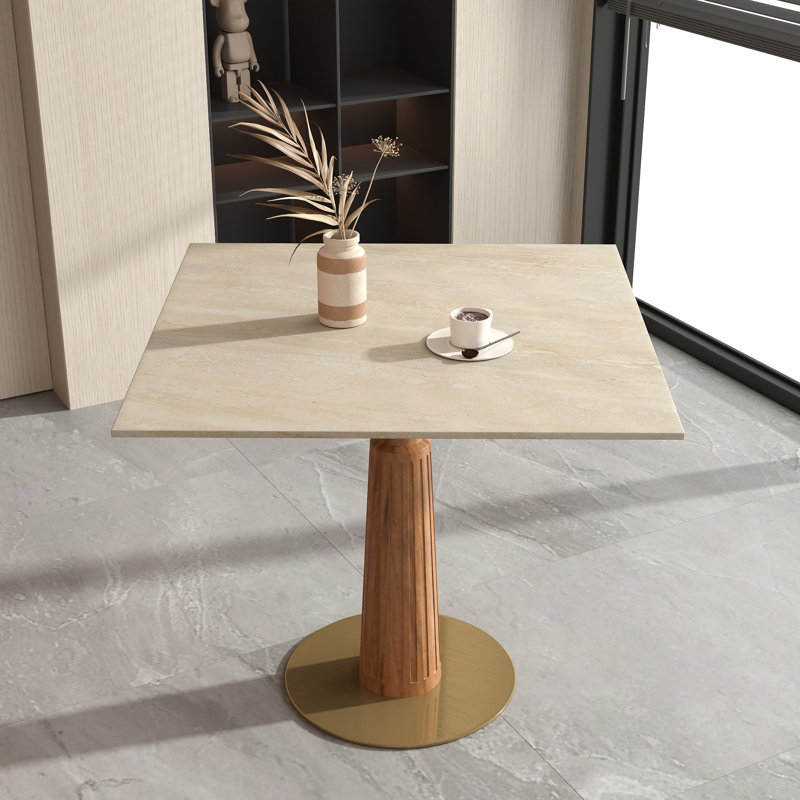 Table de conférence carrée moderne en pierre frittée avec base en bois massif, Cream