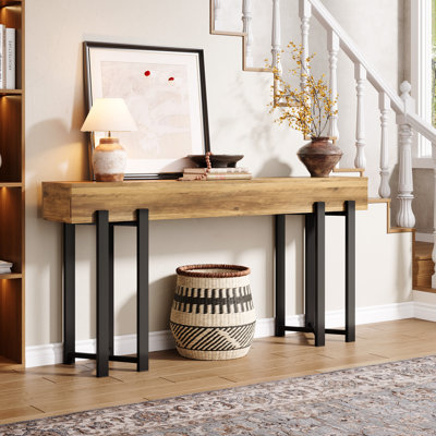 62.99" Long Console Table For Entryway, Industrial Wooden Sofa Table With Sturdy Metal Legs For Hallway, Living Room, Entrance