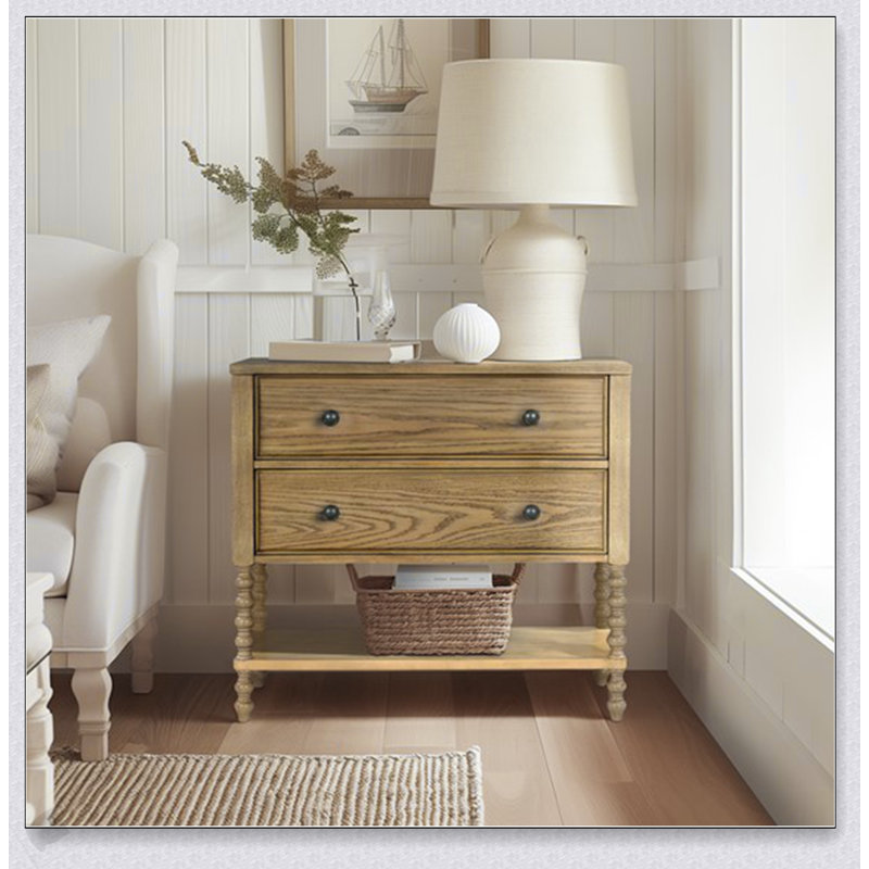 Commode décorative 2 tiroirs avec finition chêne naturel et rangement spacieux, parfaite pour un décor moderne et traditionnel.