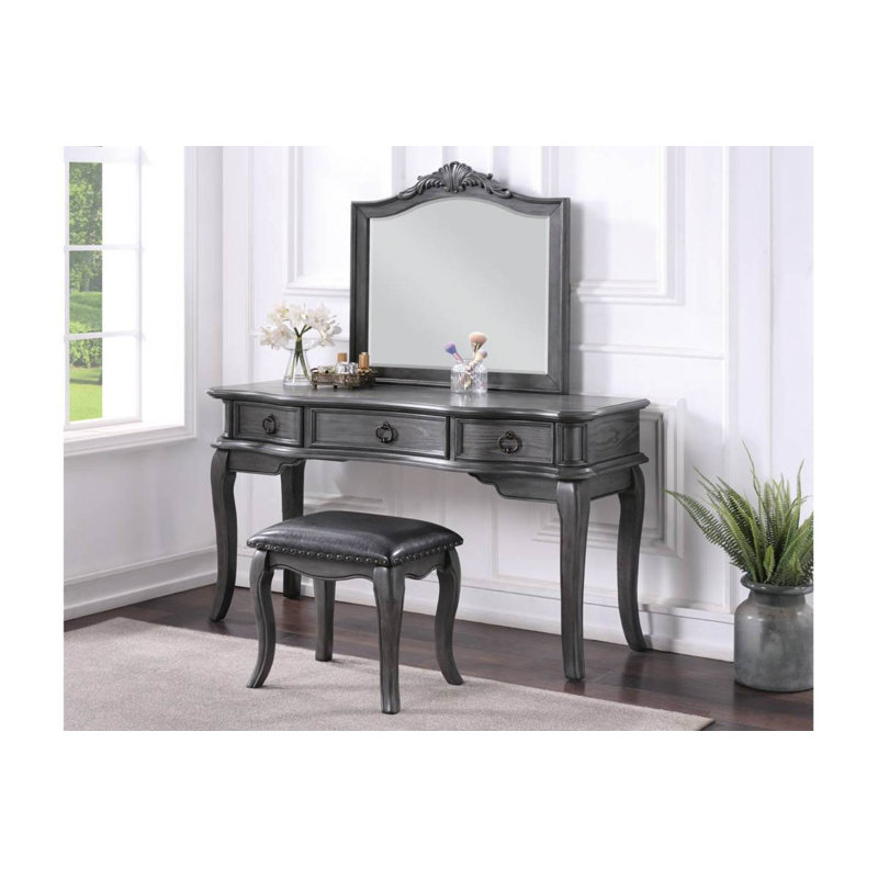 Ensemble coiffeuse avec tabouret et miroir Macarter, Gris antique
