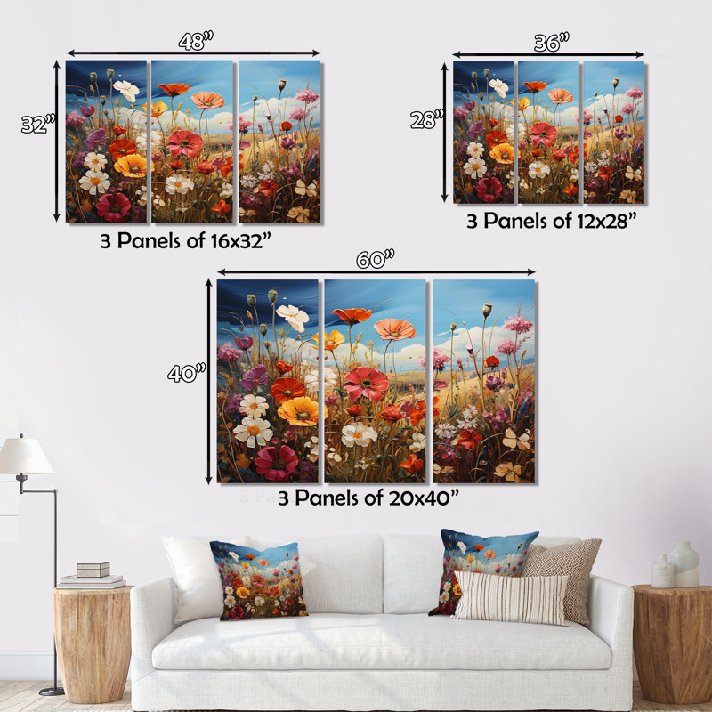 Wildflowers Symphony Field I - 3 pièces sur toile tendue, H 40 po x l 60 po x P 1 po