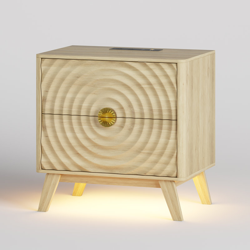 2-Drawer Bedside Table With Built-In Outlets And Human Sensor Light, Oak