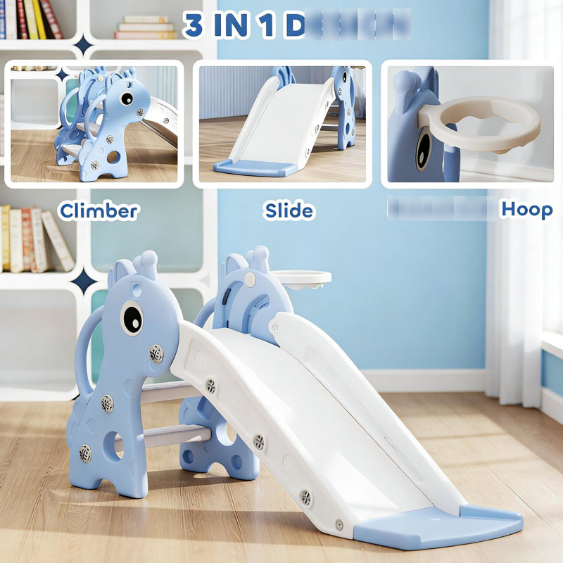 Glissade autoportante en forme de S, girafe - style 3 marches, glissade et cadre, Pp, surface antidérapante, mains courantes latérales, 1 an, bleu / blanc, installation facile, nettoyage rapide avec style, pour une escalade en toute sécurité,