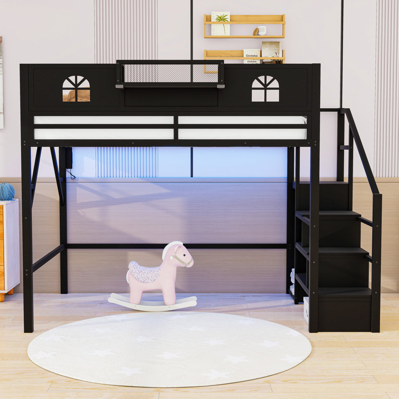 Lit mezzanine en métal avec lumière DEL, garde-robe, tablettes et ports USB, Grand lit
