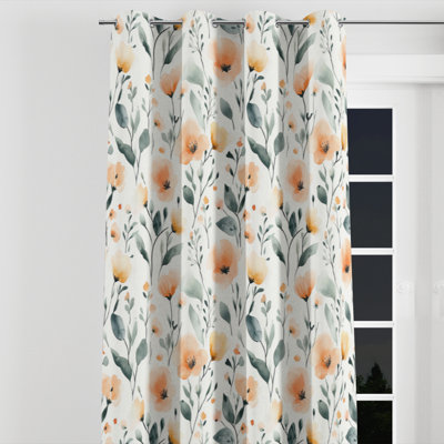 Floral Curtains - Boho Orange And Green Meadow Flowers Grommet Curtain - 1 Panel