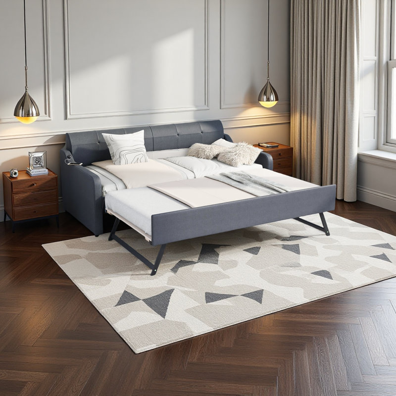 Upholstery Daybed With Trundle And USB Charging Design,Trundle Can Be Flat Or Erected, Gray