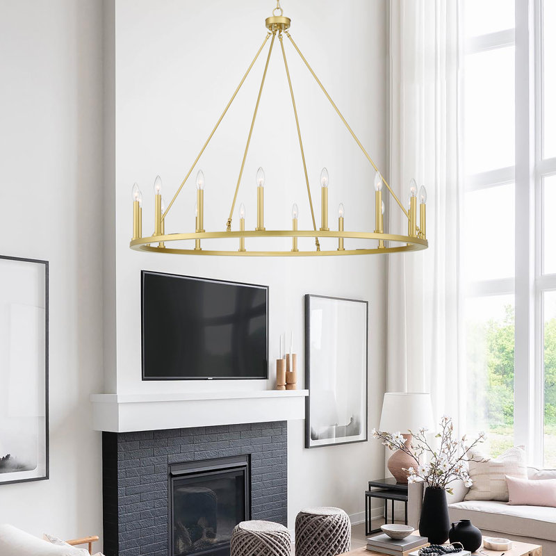 Adriana 47" W 16-Light Dimmable Wagon Wheel Chandelier with Sloped Ceiling Adapter, Satin Brass