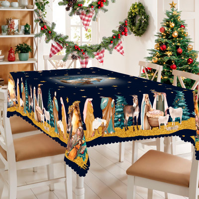 1pc round/rectangular polyester tablecloth, Christmas tablecloth with pine, snowman, truck, embosed edge, Christmas decorations for dining table, festival party holiday table decoration, festival gift
