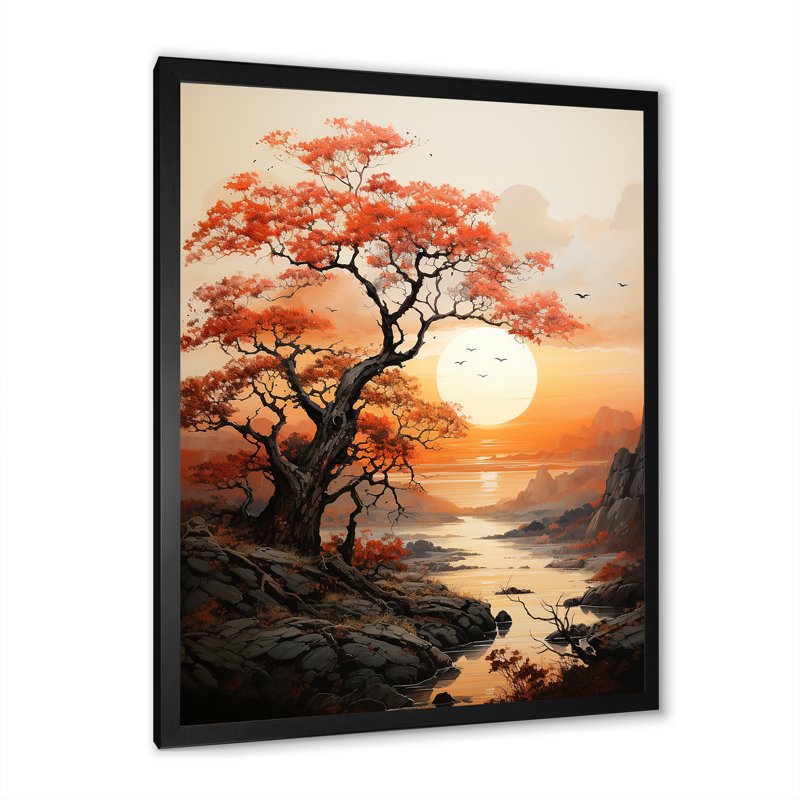 Orange Tree Moon Silhouette Landscape IV - Floral Wall Art Prints, Cadre photo noir, H 20 po x l 12 po x P 1 po