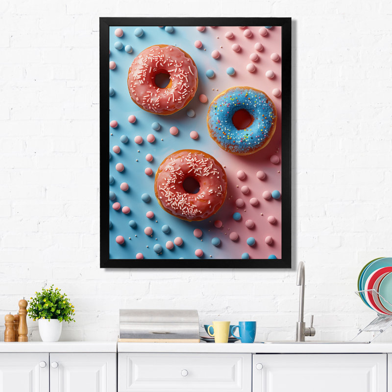 Délicieuse rose et bleue Sparkle Donuts III, H 20 po x l 12 po x P 1 po, Toile encadrée noire simple