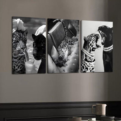 Noir et blanc guépard toile art mode guépard buvant cocktail rétro léopard sauvage peinture photo décoration murale pour appartement affiche chambre salon couloir décoration