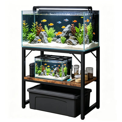 Support pour aquarium robuste de 40 à 50 gallons, cadre en métal et support en bois pour aquarium - 2 tablettes de rangement, support stable pour terrarium de tortue / reptile - noir