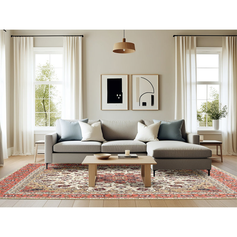 Tapis traditionnel rouge / beige Derrion, Rectangle 6 pi x 9 pi