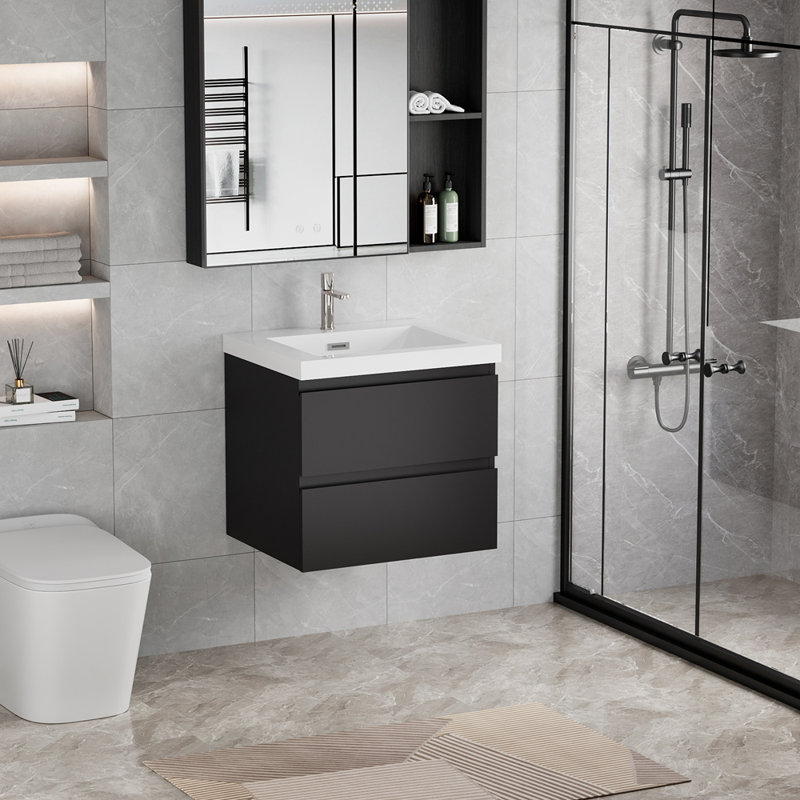 Meuble-lavabo mural 24 po avec lavabo, meuble-lavabo mural moderne avec lavabo en résine et tiroirs à fermeture en douceur 24 po