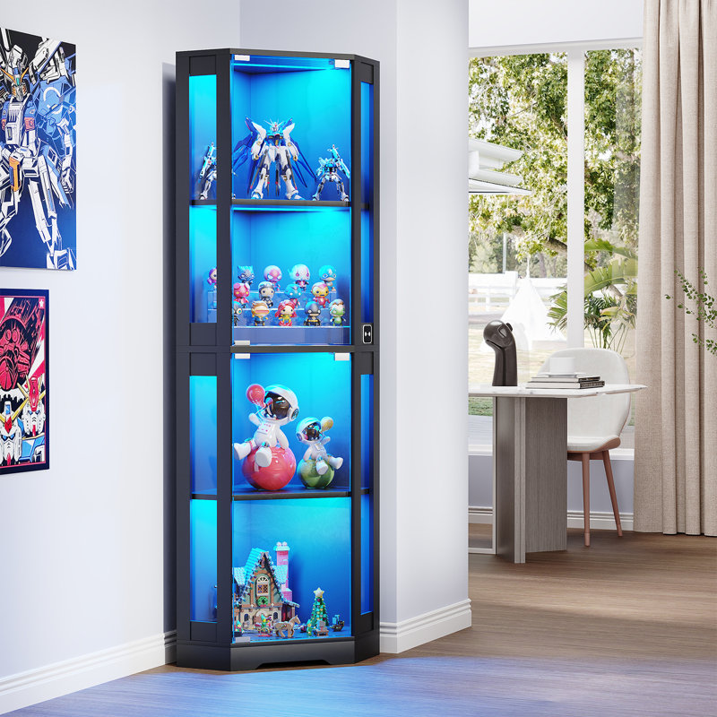 4-Tier Corner Display Cabinet With 3 Color Lights, Bookcase With Human Body Sensor For Collectibles