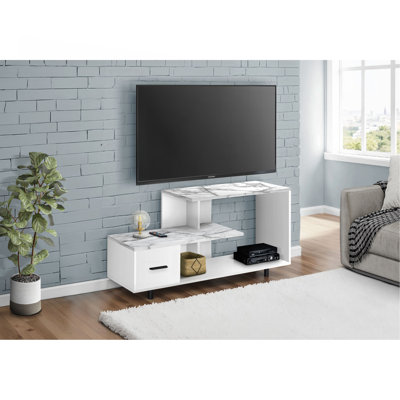 Meuble télé, console de 48 po, meuble multimédia, tiroir de rangement, salon, chambre à coucher, stratifié aspect marbre, contemporain, moderne