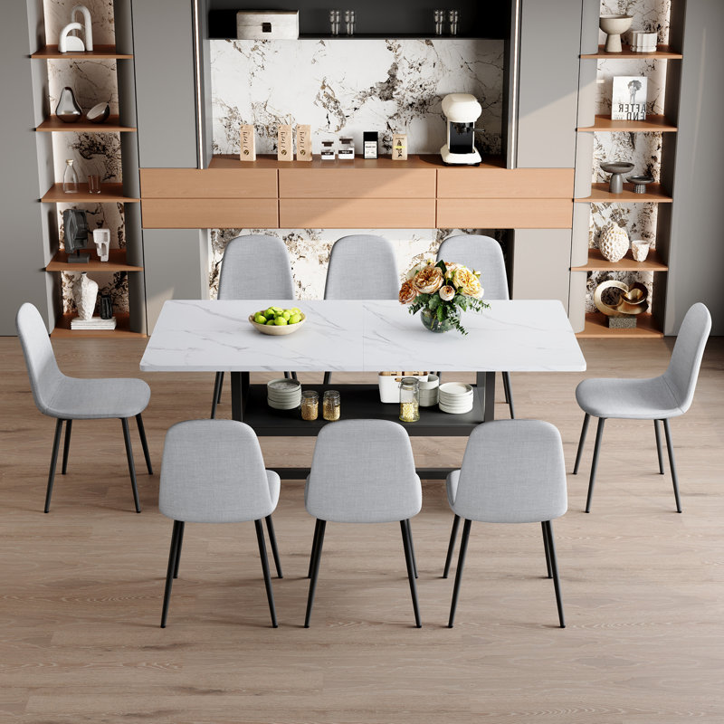 Ensemble de table de salle à manger moderne avec rangement, panneau de fibres à densité moyenne et lin, idéal pour les réunions de famille