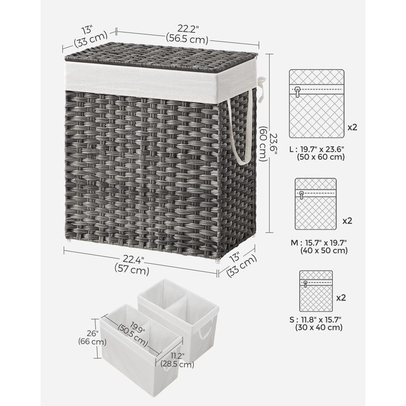 110l Clothes Hamper With 2 Removable Liner Bags, Gray