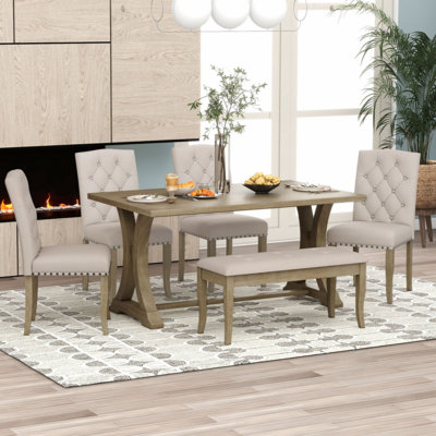 6-Piece Farmhouse Dining Table Set, Rectangular Trestle Table And 4 Upholstered Chairs & Bench For Dining Room (Natural Wood Wash) -  August GroveÂ®, 6ABCAE6968E04F1AB7E552236BB4BF6A