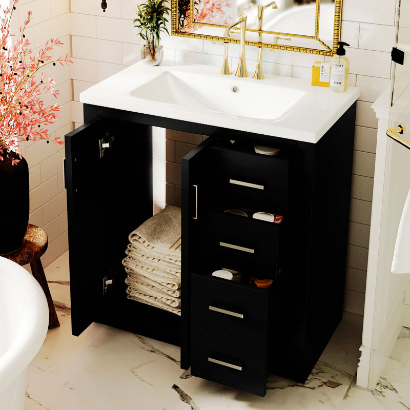 Meuble-lavabo de salle de bain avec lavabo, armoire de rangement de salle de bain à cadre en bois, meuble-lavabo autoportant avec tiroirs et portes à fermeture douce