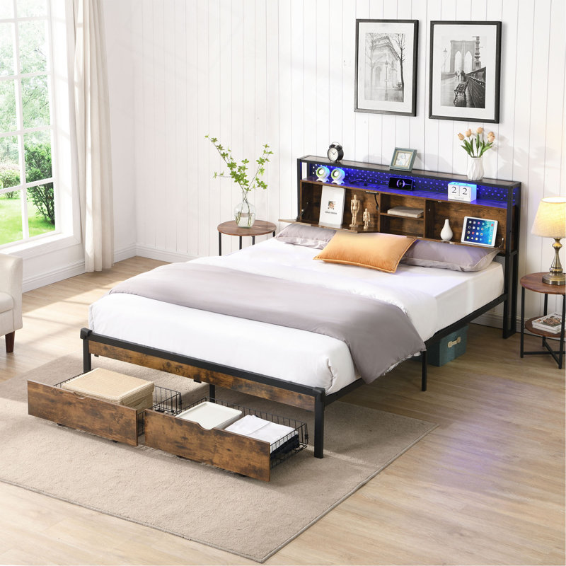 Structure de lit plateforme très grand en métal avec tête de lit en bois et pied de lit USB, station de charge, 2 tiroirs, rangement, lumières DEL, aucun sommier requis, assemblage facile
