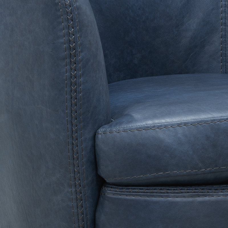 Fauteuil demi-tonneau pivotant 100% cuir italien Crandell, Cuir véritable galet bleu marine rétro