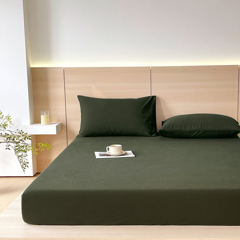 Moomee Fitted Sheet with Pillowcases 3-Piece Set 100% Washed Cotton Linen Like Textured, Olive Green