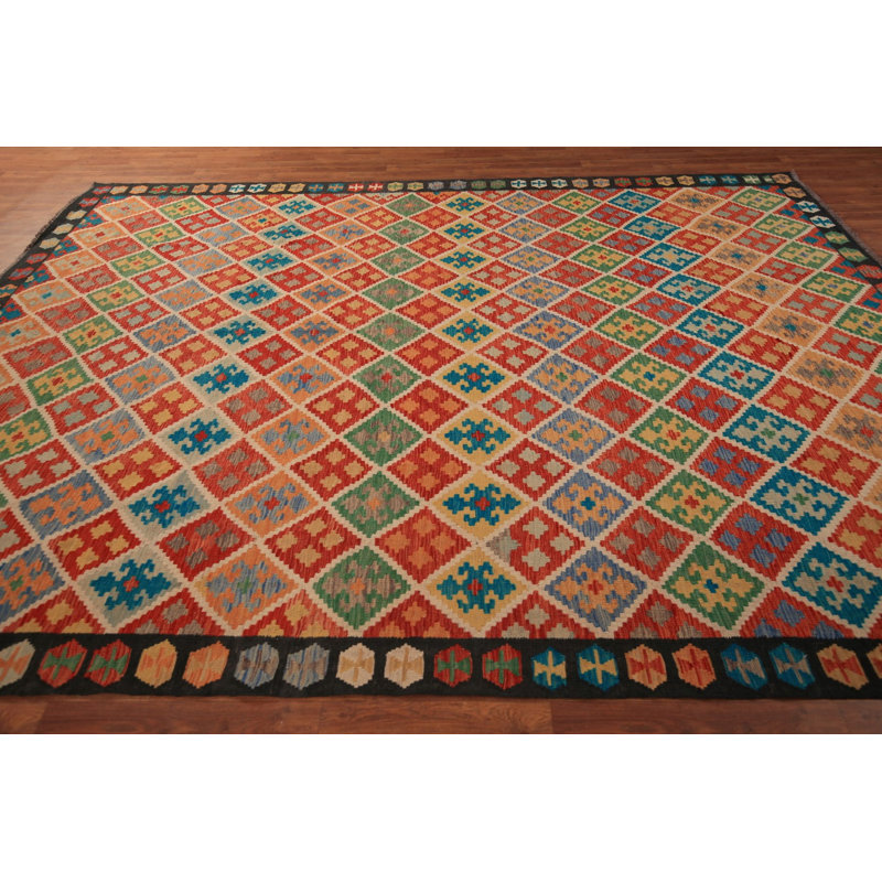 Tapis en laine tissé à plat à motif treillis 9 x 11