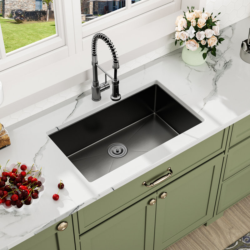 Undermount Kitchen Sink 16G Single Basin Kitchen Sink with Basket Strainer and Bottom Grid, Gunmetal Black