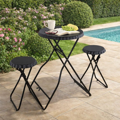 Ensemble de tables d'appoint pliables et 2 tabourets, plateau rond, fer noir