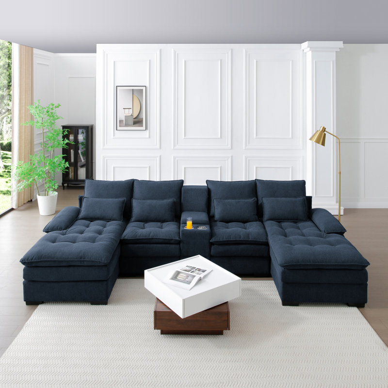 130"  U-Shaped Sofa With Console,Cupholders,6-Seat Upholstered Primary Living Space Furniture,Sleeper Couch Set With Chaise For Living Room,Apartment, (Grey)